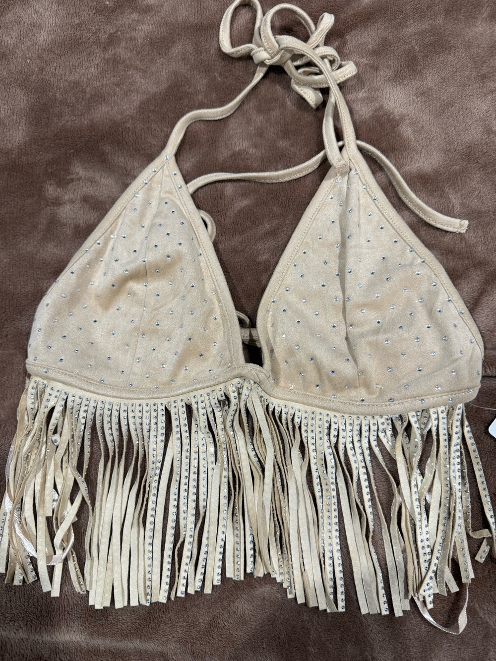 Windsor Tan Rhinestone Fringe Halter Top